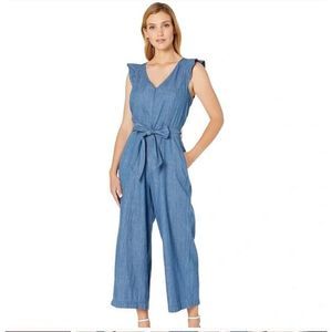 eci New York NWT Women's Denim Chambray Ruffle Sleeve Front Zip Jumpsuit, Sz 14